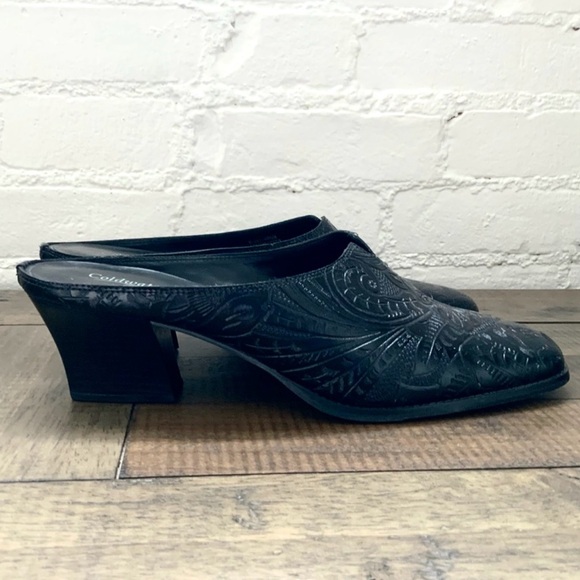 Womens Coldwater Creek Black Tooled Leather Square Toe Mule Heel Shoes Size 10 - Picture 1 of 9
